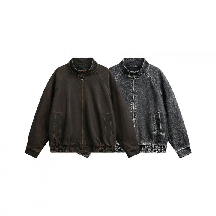 Men's short-cut worker bomber jacket in used denim look with standing collar, concealed zipper, and elastic hem Mune Fashion