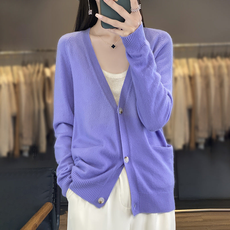 Women's Casual Fine Knit Cardigan with V-Neck, Hand Pockets and Wide Ribbed Cuff Mune Fashion