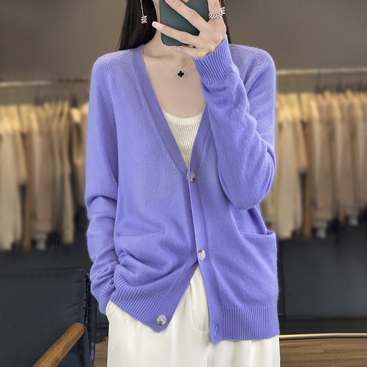 Women's Casual Fine Knit Cardigan with V-Neck, Hand Pockets and Wide Ribbed Cuff Mune Fashion