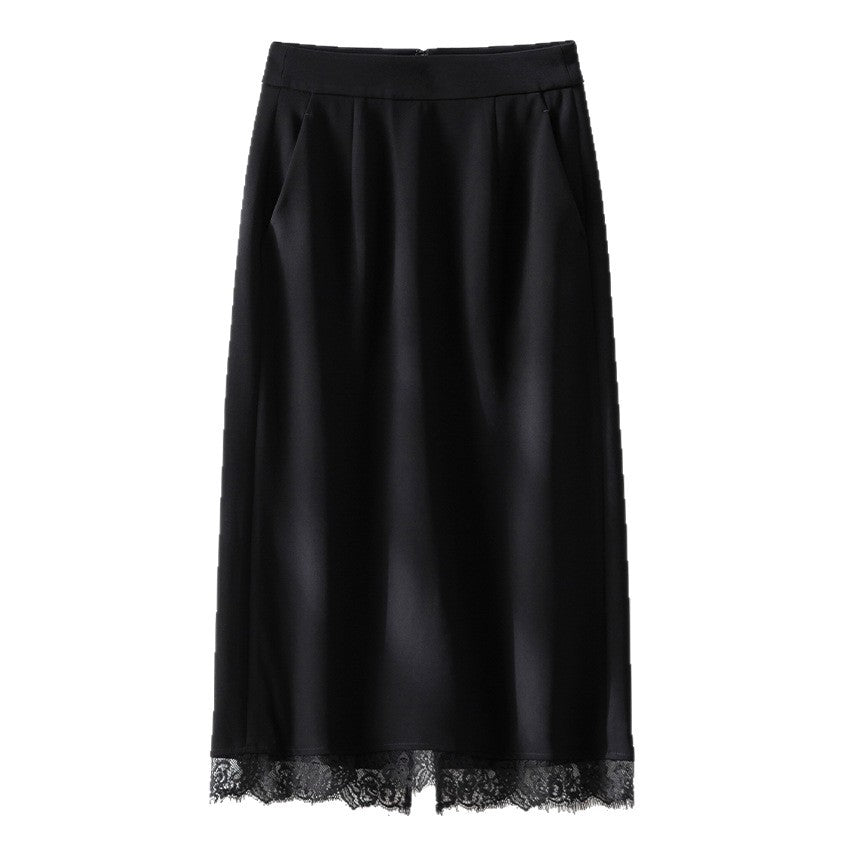 Ladies midi skirt made of satin with lace trim and side pockets Mune Fashion