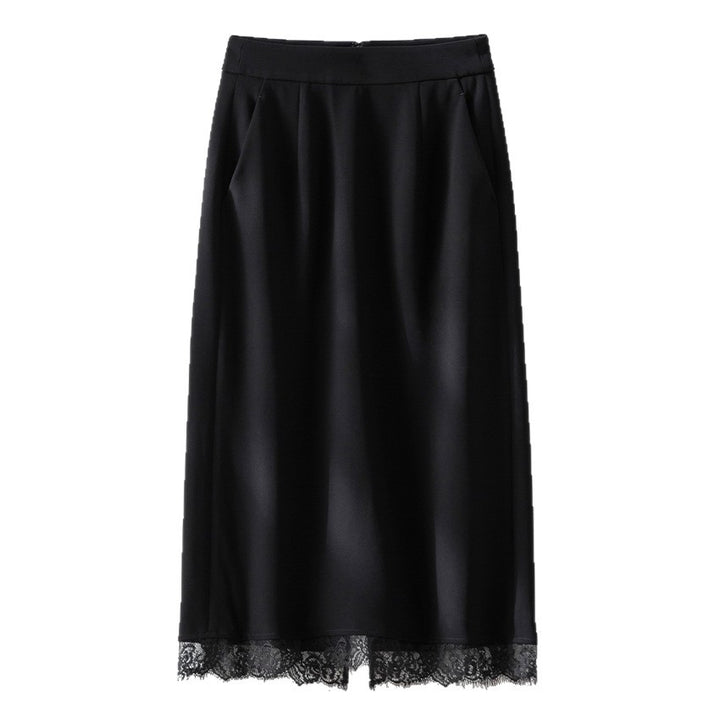 Ladies midi skirt made of satin with lace trim and side pockets Mune Fashion