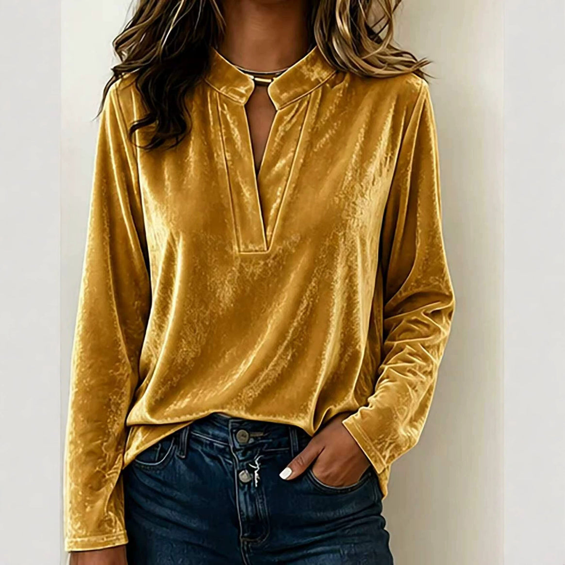 Women's velvet blouse with stand-up collar, deep V-neck and loose long sleeve cut Mune Fashion