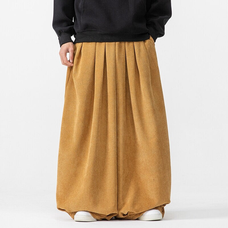 Men's Extra Wide Corduroy Balloon Pants with Pleats, Drawstring, and Heavy Draping Mune Fashion