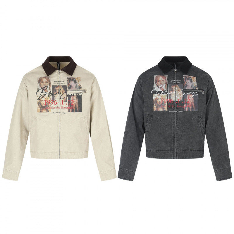 Men's Short-Cut Canvas Bomber Jacket with Cord Collar and Large Photo Collage Print Mune Fashion