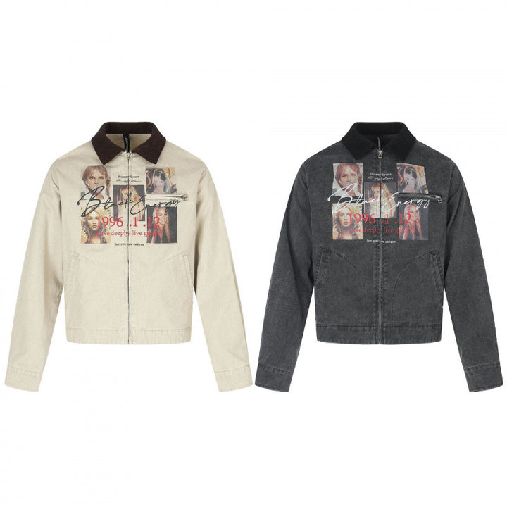 Men's Short-Cut Canvas Bomber Jacket with Cord Collar and Large Photo Collage Print Mune Fashion