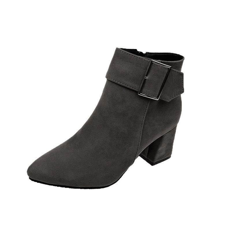 Women's elegant suede look ankle boot with mid-high block heel and wide buckle strap Mune Fashion