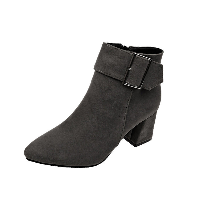 Women's elegant suede look ankle boot with mid-high block heel and wide buckle strap Mune Fashion