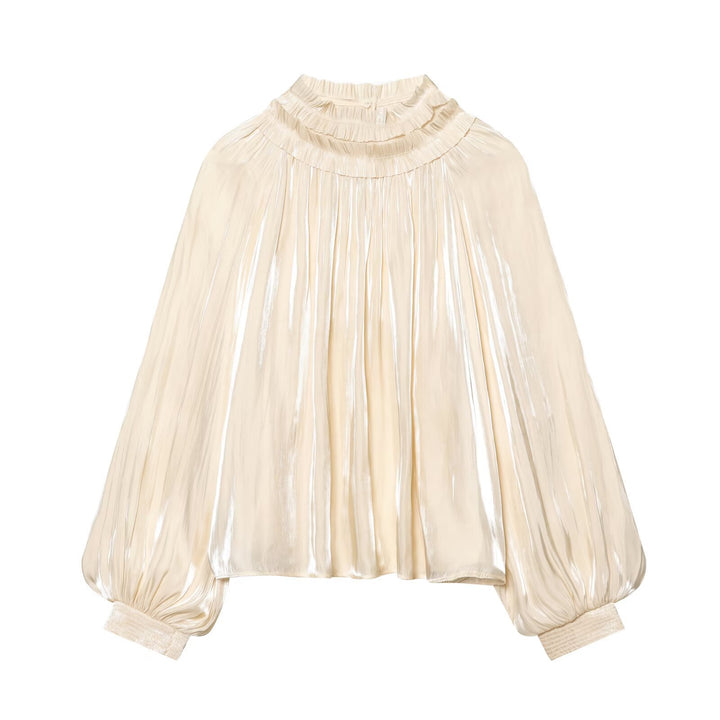 Women 20+ pleated high neck blouse with ruffled collar and balloon sleeves Mune Fashion