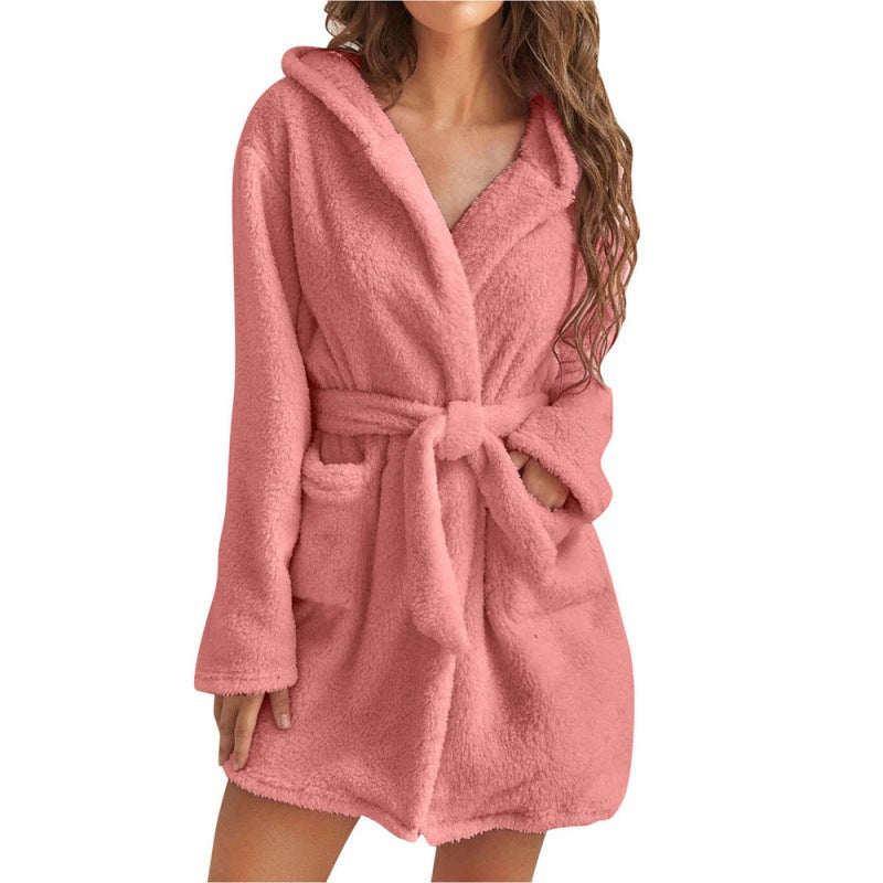 Women's Cozy Fleece Bathrobe with Hood and Waist Tie Mune
