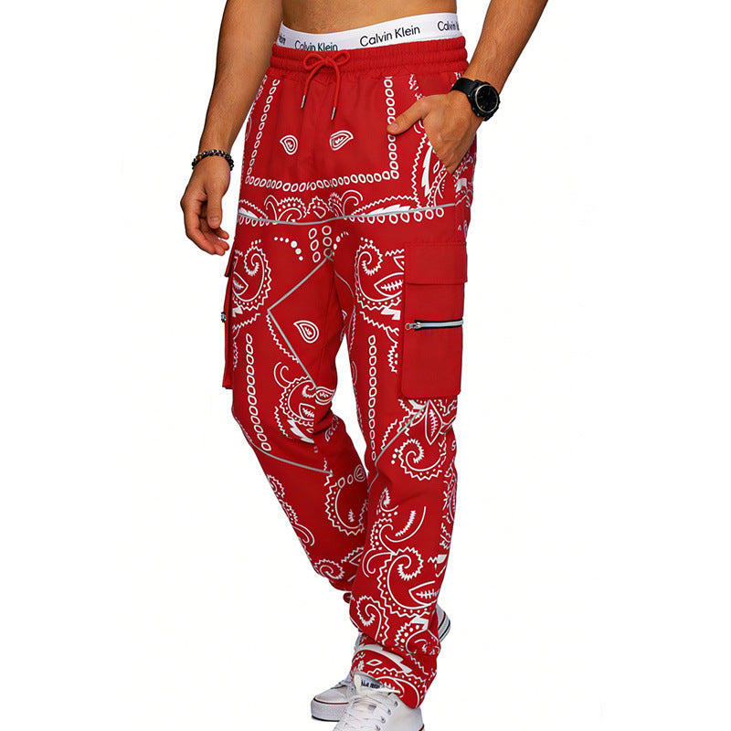 Men's Cargo Jogging Pants with Paisley Pattern, Elastic Waistband, Multiple Zipper and Flap Pockets Mune Fashion