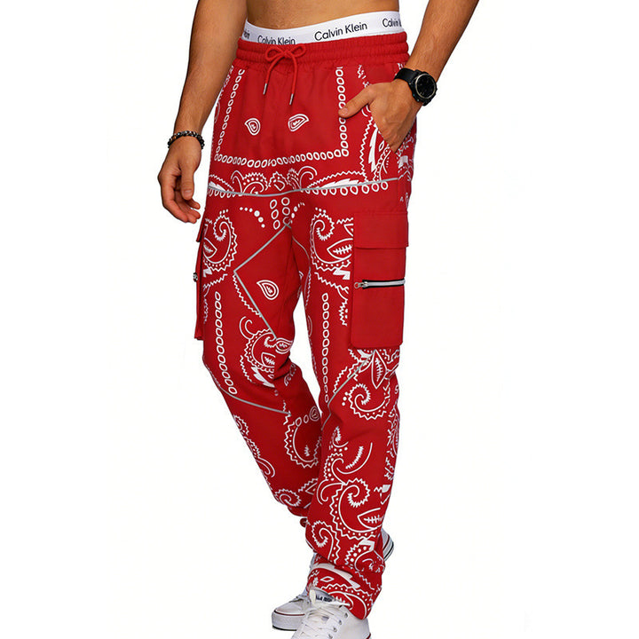Men's Cargo Jogging Pants with Paisley Pattern, Elastic Waistband, Multiple Zipper and Flap Pockets Mune Fashion
