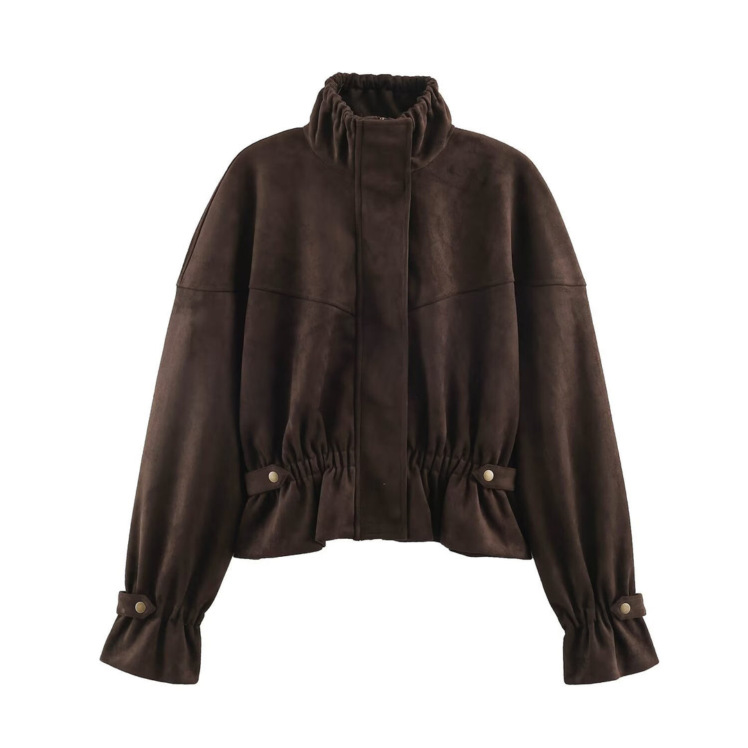 Women's Short Velvet-Look Jacket with Drawstring Waist, High Stand-Up Collar and Adjustable Cuffs Mune Fashion