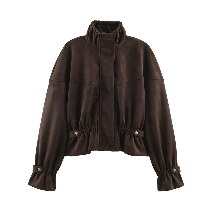 Women's Short Velvet-Look Jacket with Drawstring Waist, High Stand-Up Collar and Adjustable Cuffs Mune Fashion