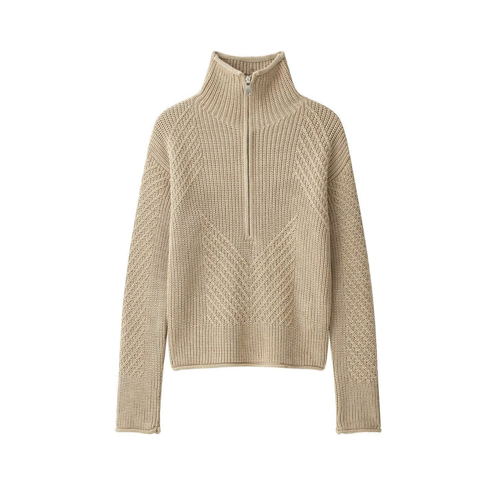 Ladies chunky knit pullover with half zipper and high stand-up collar Mune Fashion