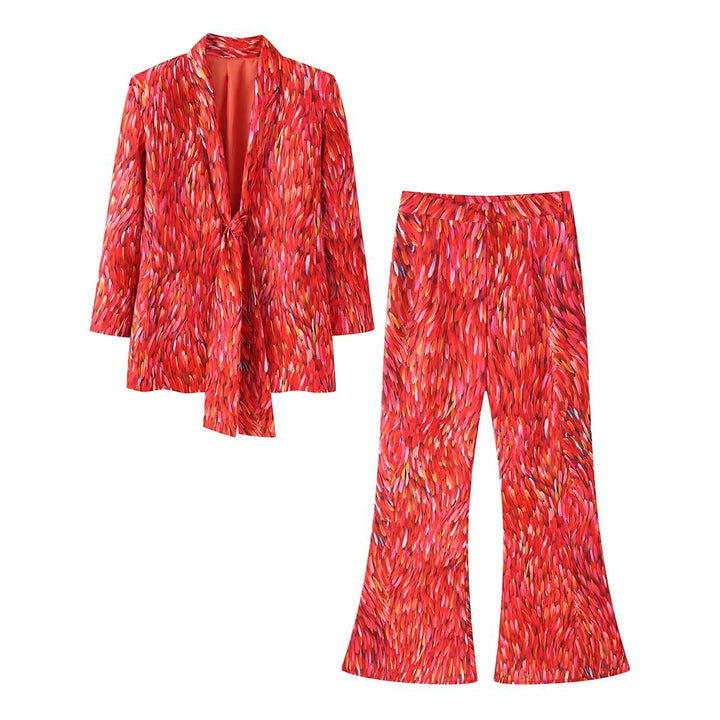 Ladies Two-Piece Floral Jacquard Blazer and Flared Pants Set Mune Fashion
