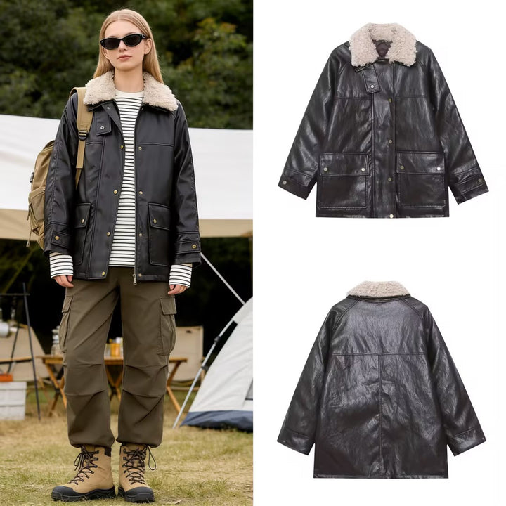Women's Oversized Faux Leather Field Jacket with Detachable Teddy Collar and Flap Pockets Mune Fashion