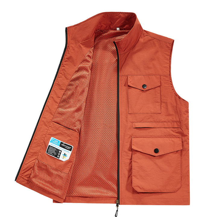 Men's multifunctional utility vest with mesh lining, full-length zipper, and patch multipurpose pockets