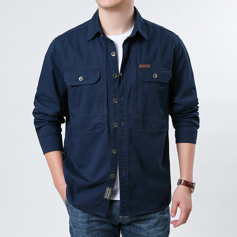 Men's casual utility shirt jacket made of cotton twill with two patch breast pockets and buttonable front.