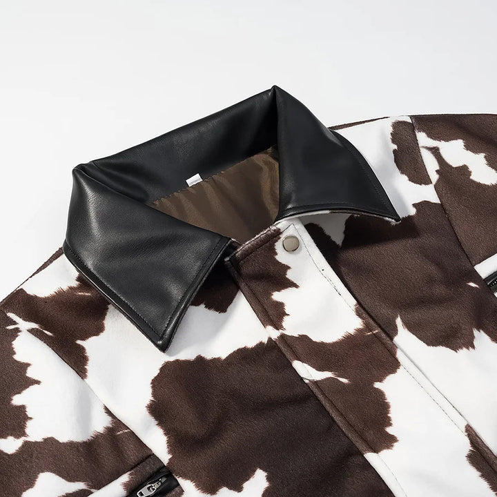 Women's short-cut bomber jacket in cow print with faux leather trim Mune Fashion