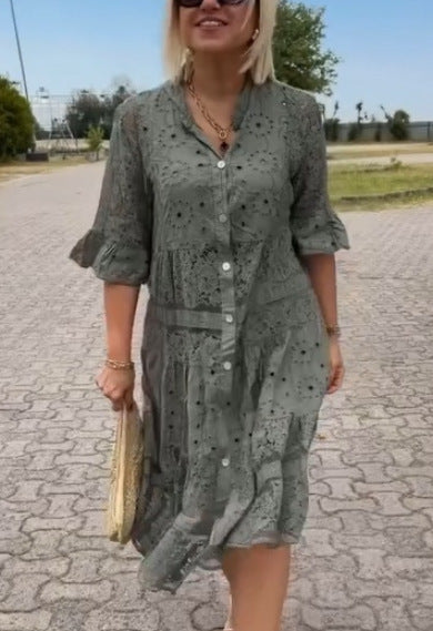 Women's romantic midi dress with broderie anglaise, buttoned top, stand-up collar, half-length flounce sleeves, and tiered hem Mune Fashion