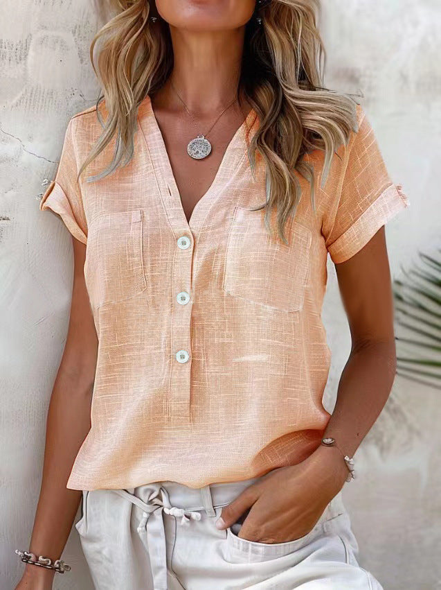 Women Short Sleeve Linen Blouse with Button Details Mune Fashion