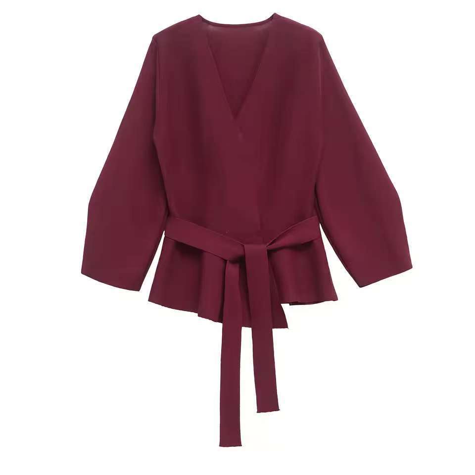 Women Tailored Blouse with Wrap Belt and Peplum Drune