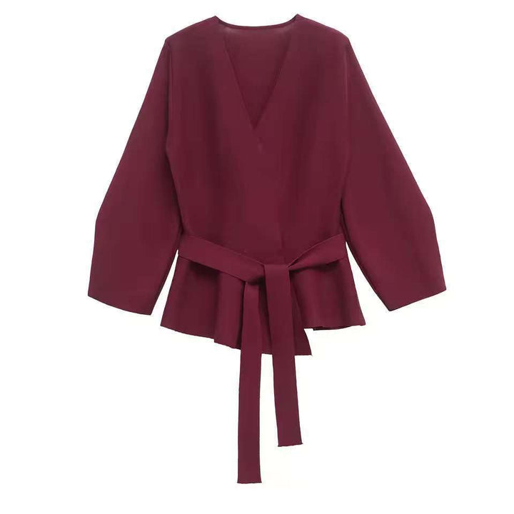Women Tailored Blouse with Wrap Belt and Peplum Drune
