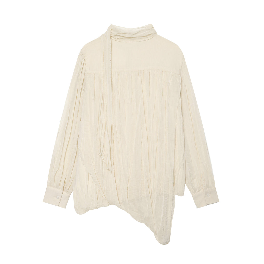 Women Light Blouse in Creased Look with Tie and Twisted Hem Mune Fashion