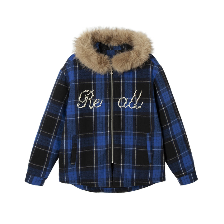 Women's checked wool blend blouson with detachable faux fur collar and pearl appliqué Mune Fashion