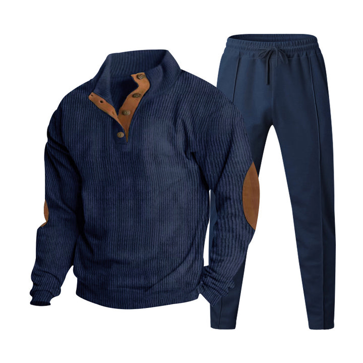 Men's ribbed Henley leisure suit with decorative button placket and suede elbow patches tapered joggers Mune Fashion