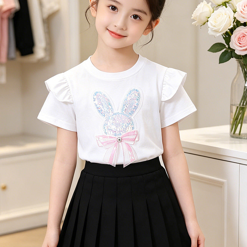 Girls' T-shirt with sparkling rabbit motif and ruffle details Mune Fashion