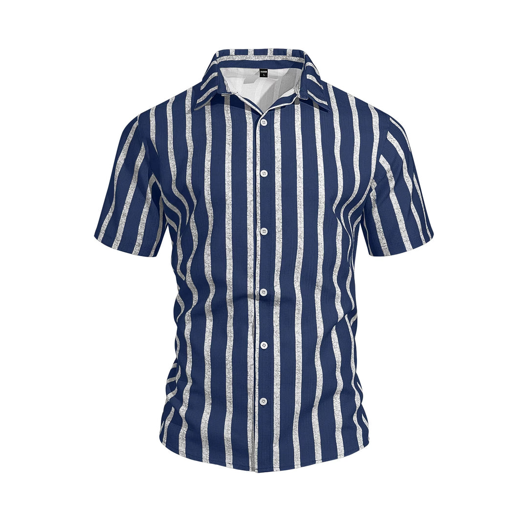 Men's casual short sleeve shirt with vertical block stripes, open lapel collar, and lightweight cotton-linen blend Mune Fashion