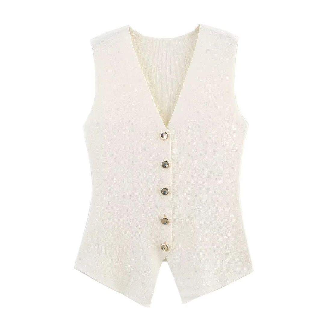 Women's fitted knitted vest with deep V-neck and decorative button placket Mune Fashion
