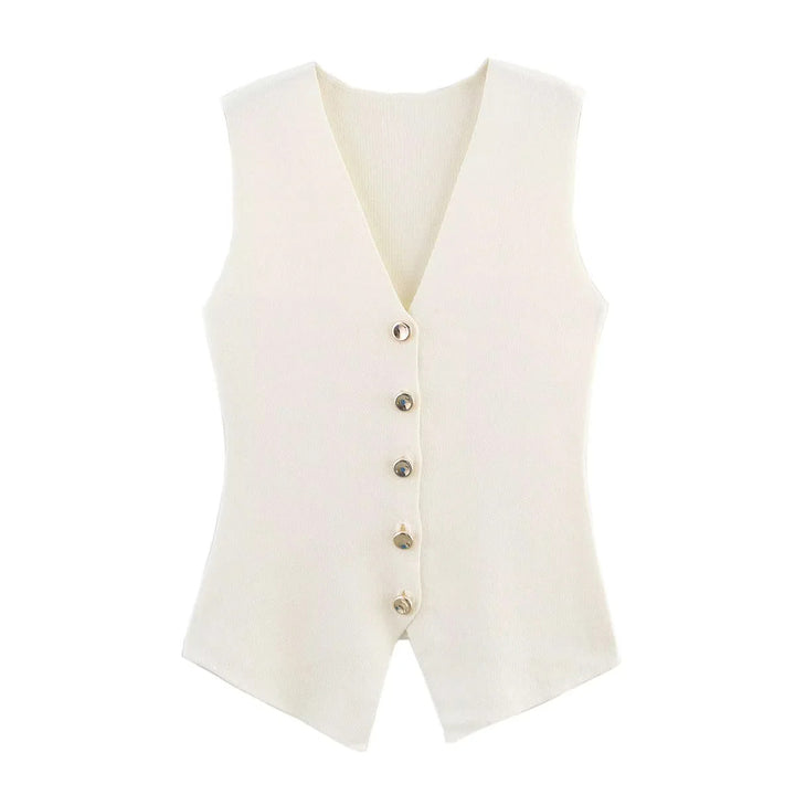 Women's fitted knitted vest with deep V-neck and decorative button placket Mune Fashion