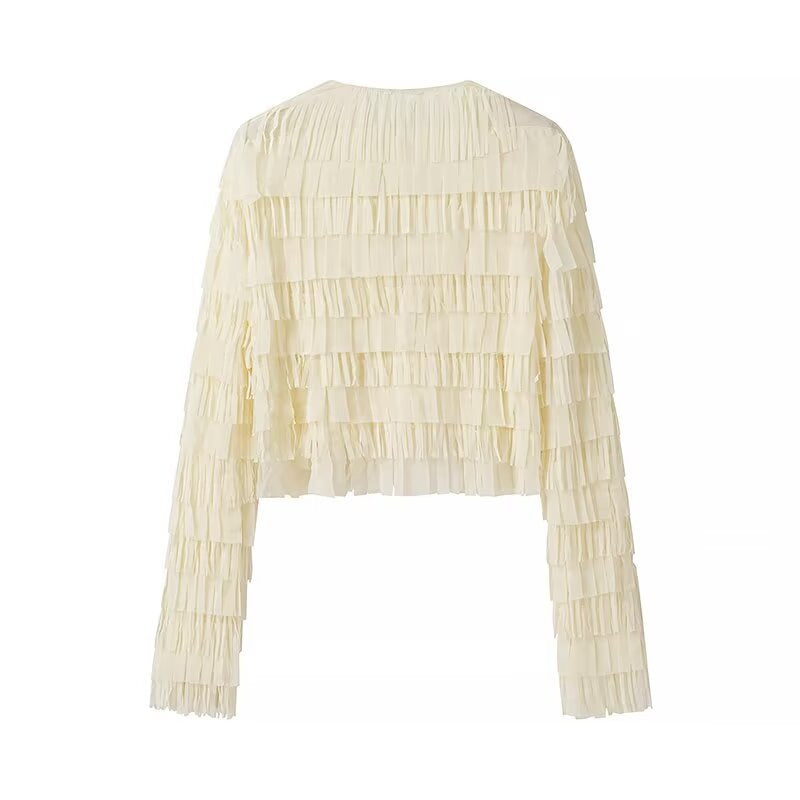 Women's Cropped Fringed Jacket with Layered Fringe and Tie Band Mune Fashion