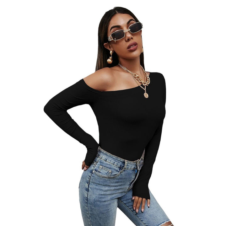 Ladies' asymmetrical one-shoulder long sleeve top with sleek sculpting fit and fine rib structure
