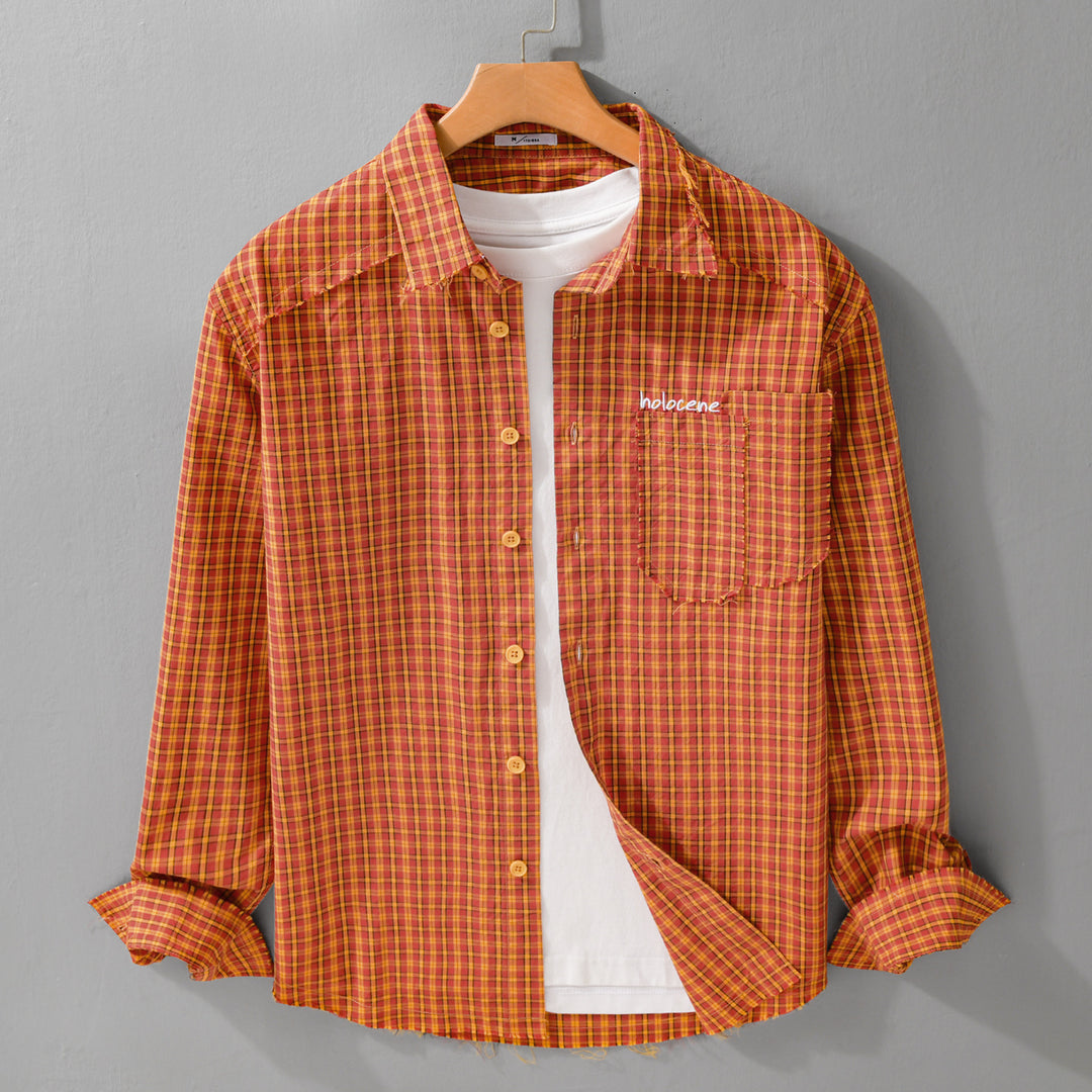 Men's check overshirt with frayed hem, chest pocket, and relaxed fit Mune Fashion