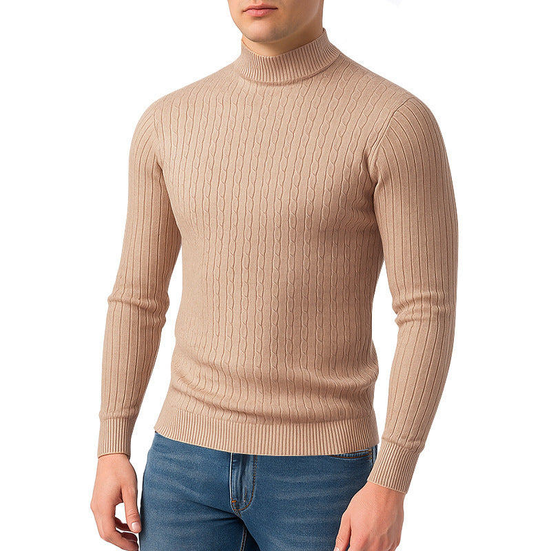 Men's body-hugging fine knit pullover with high collar and cable pattern Mune Fashion