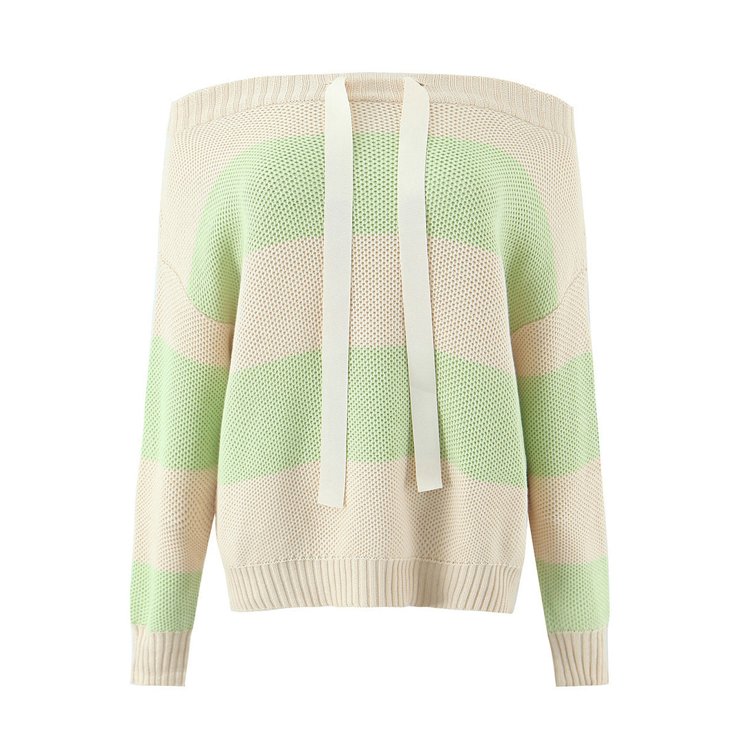 Women Oversized Off-Shoulder Sweater with Carmen Collar, Waffle Knit and Decorative Ribbons Mune Fashion