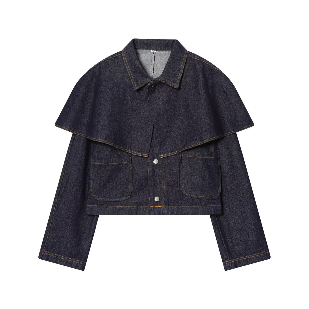 Women's Short Jeans Jacket with Cape Insert, Flap Pockets and Snap Buttons Mune Fashion