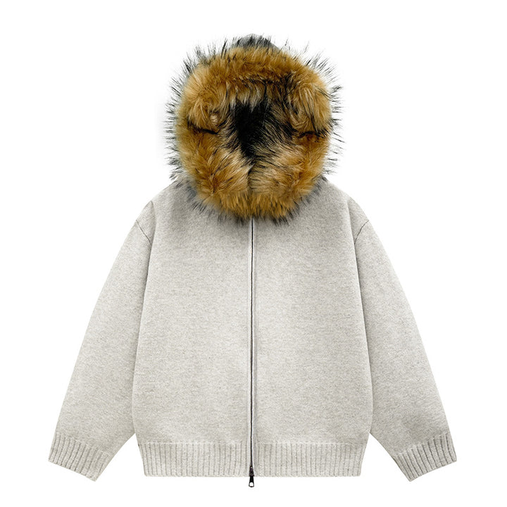 Women's Knit Bomber Jacket with Hood and Removable Faux Fur Trim Mune Fashion