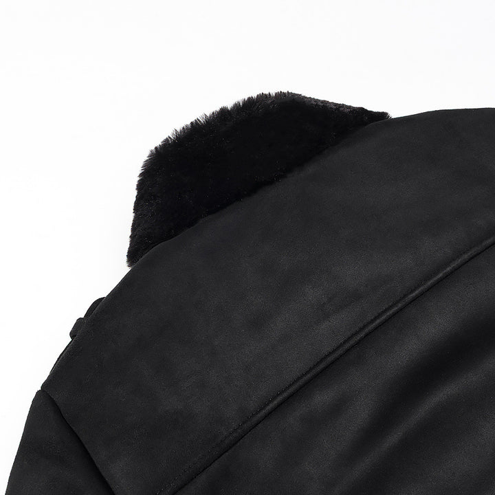 Women Short Biker Jacket with Faux Fur Collar and Suede Look Mune Fashion