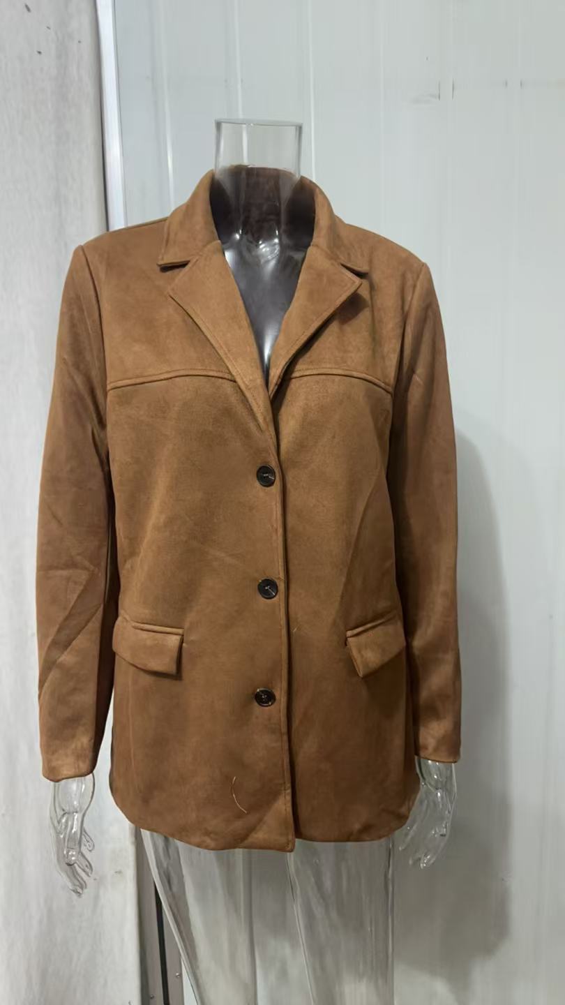 Women's Oversize Suede Blazer with Lapel Collar and Patch Pockets Mune Fashion
