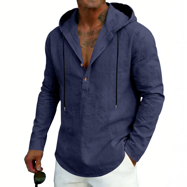 Men's Linen Henley Hooded Shirt with Short Button Placket, Hood, and Relaxed Fit Mune Fashion