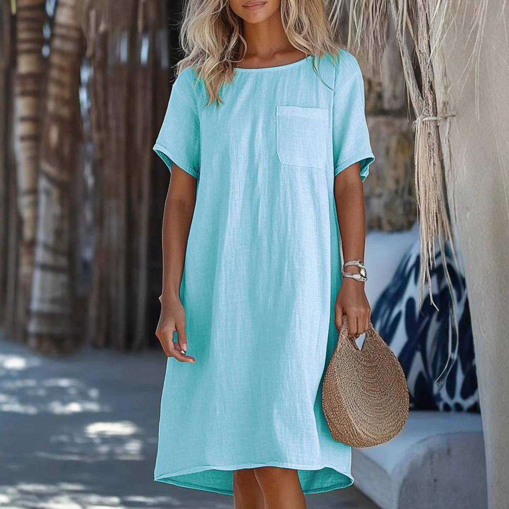 Women's Lightweight Linen Dress with Practical Chest Pocket Design Mune Fashion