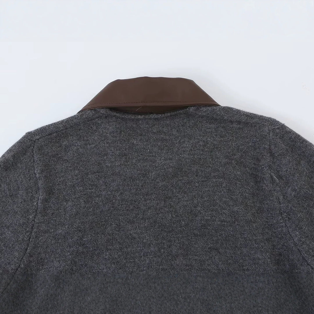 Women Short Wool Blend Cardigan with Zipper and Contrasting Faux Leather Collar Mune Fashion