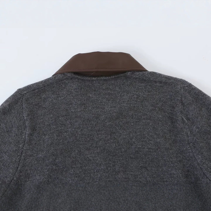 Women Short Wool Blend Cardigan with Zipper and Contrasting Faux Leather Collar Mune Fashion