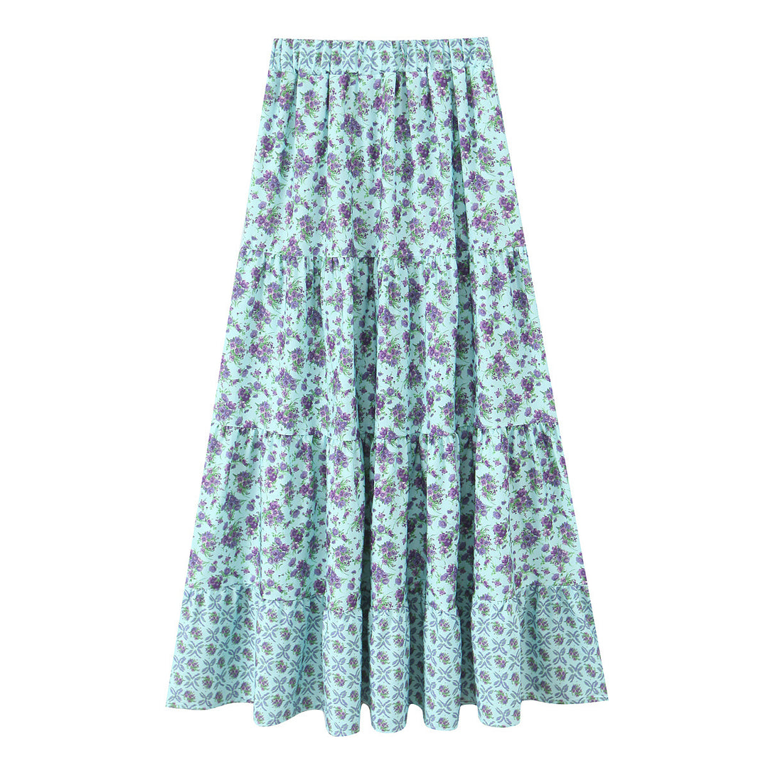 Women's Long Tiered Skirt with Floral Allover Print, Elastic Waistband and Ruffled Panels Mune Fashion