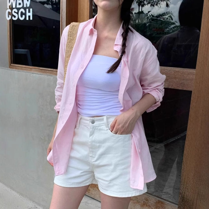 Women's Casual Oversized Shirt Blouse with Boxy Silhouette and Roll-Up Sleeves Mune Fashion