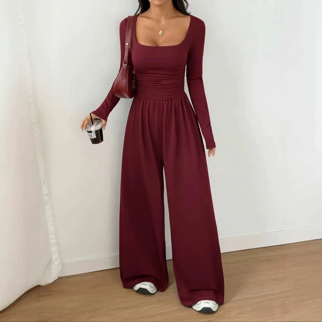 Women's jumpsuit with wide leg, square neckline and gathered waist area